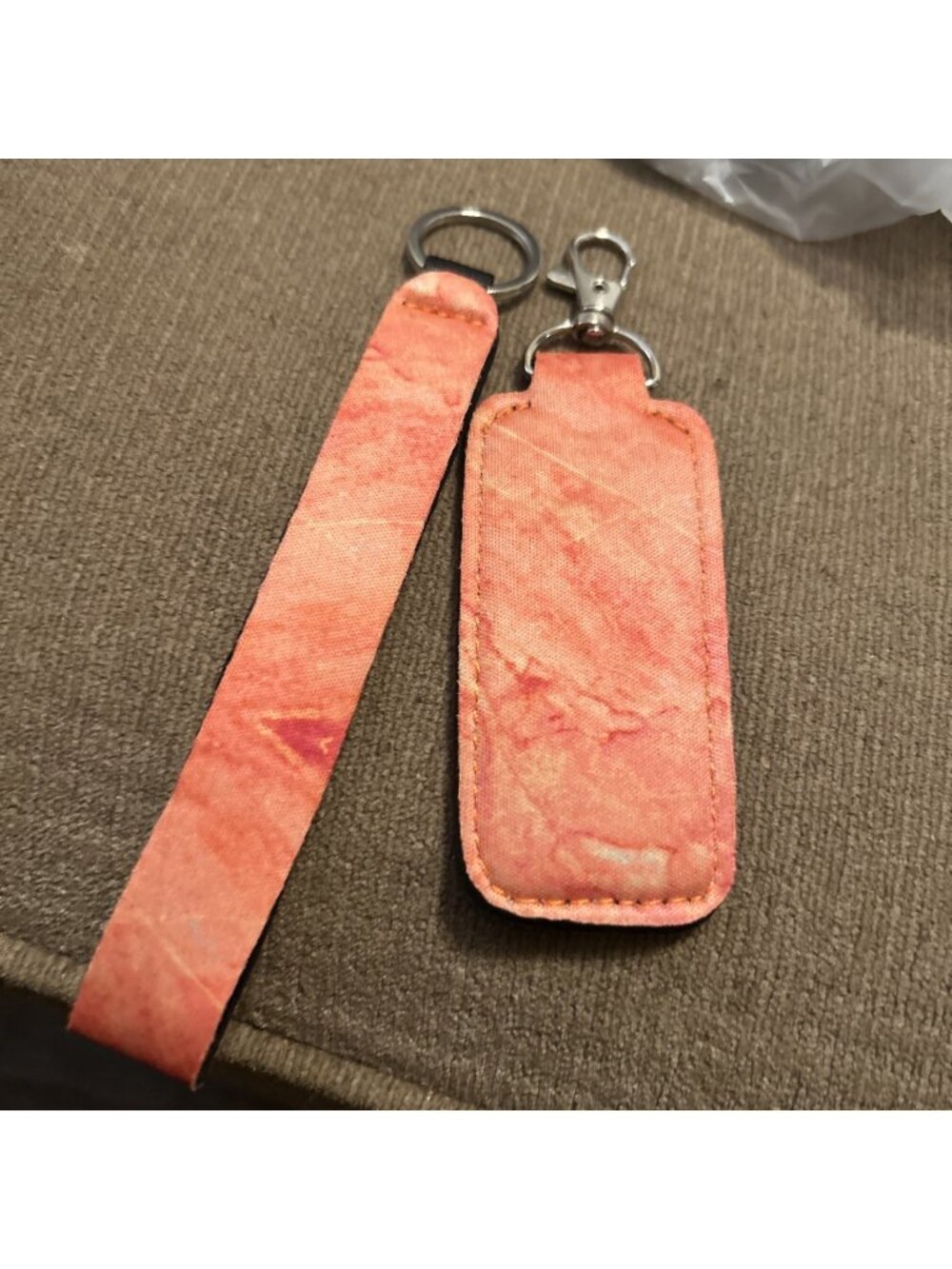 Chap Stick Key ring Holder & Wristlet Band Set Keychain Keyring Lip Balm Coral
